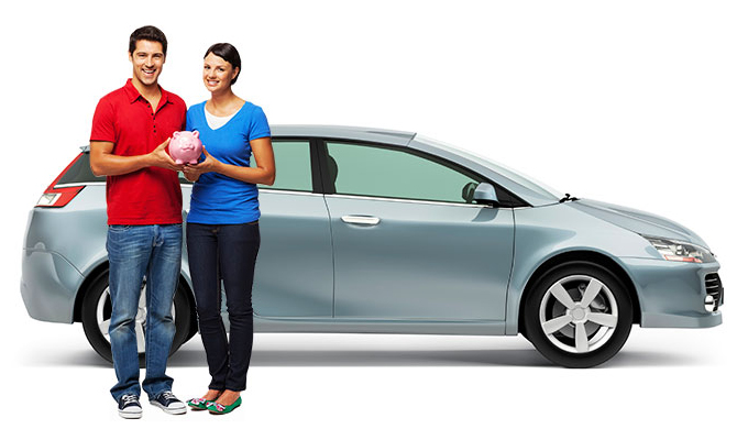 man and woman holding piggy bank in front of car